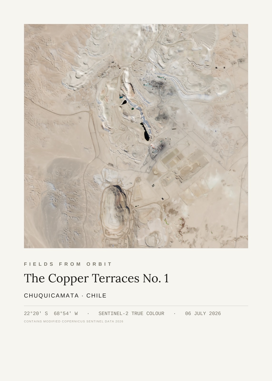 The Copper Terraces No. 1 — satellite art poster of Chuquicamata, Atacama Desert, Chile, shown with its museum label