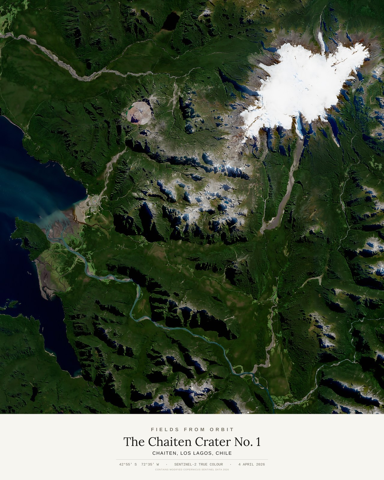 The Chaiten Crater No. 1 — satellite art print of Chaiten, Los Lagos, Chile, captured 2026-04-04