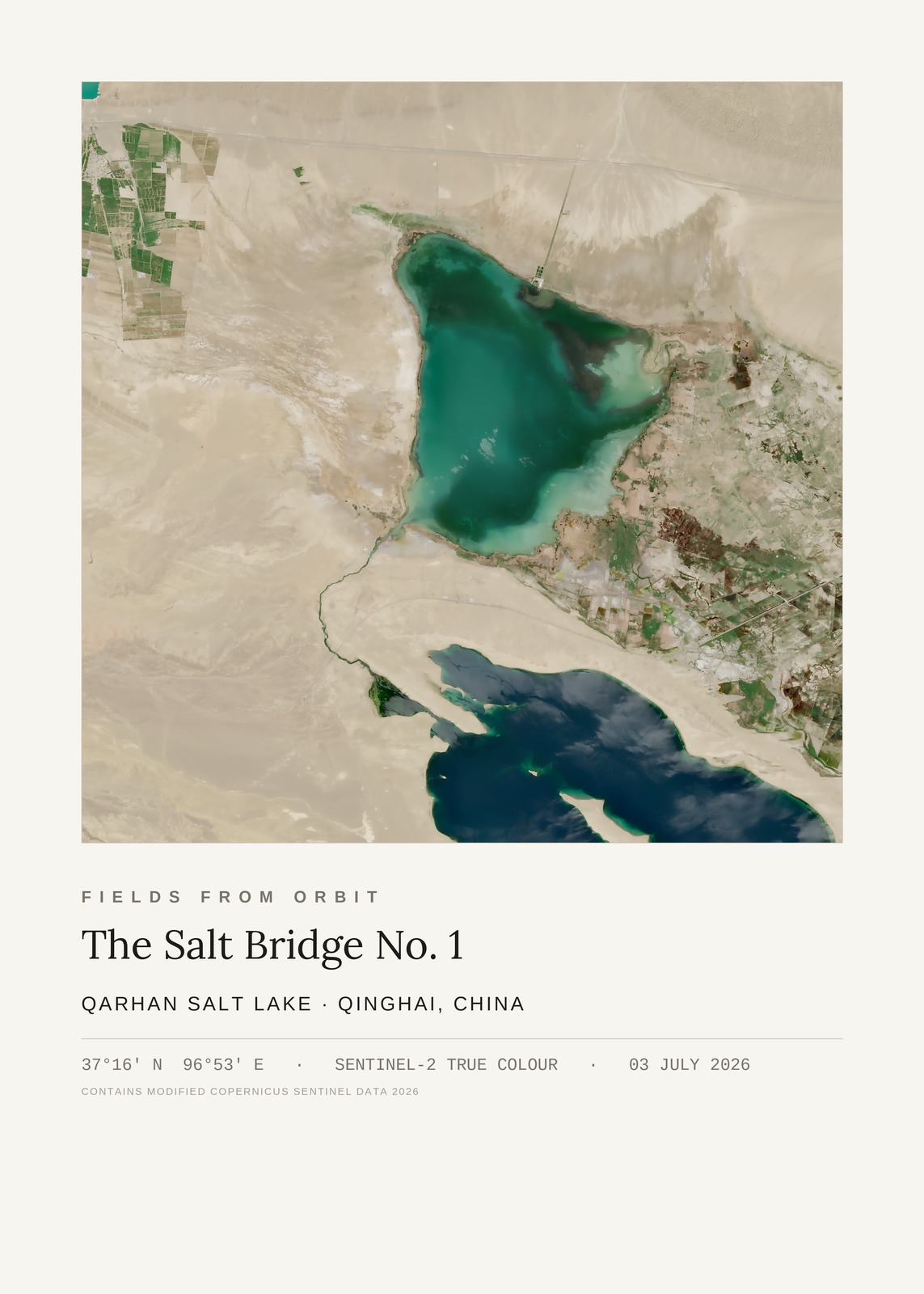 The Salt Bridge No. 1 — satellite art print of Qarhan Salt Lake, Golmud, Qinghai, China, captured 2026-07-03