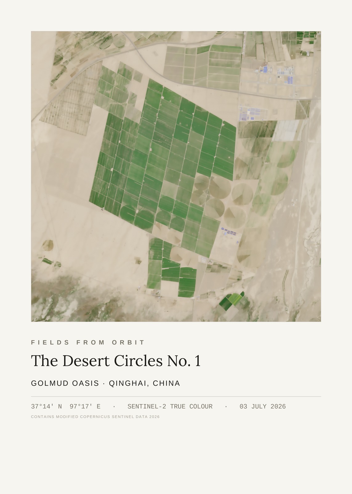 The Desert Circles No. 1 — satellite art print of Near Golmud, Qinghai, China, captured 2026-07-03