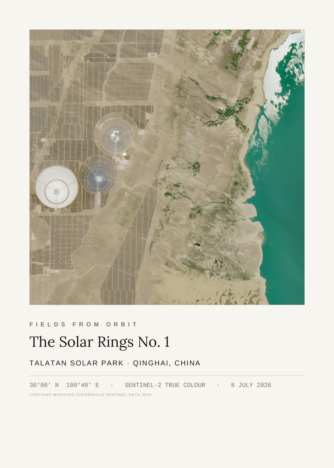 The Solar Rings No. 1 — satellite art poster of Talatan Solar Park, Qinghai, China, shown with its museum label