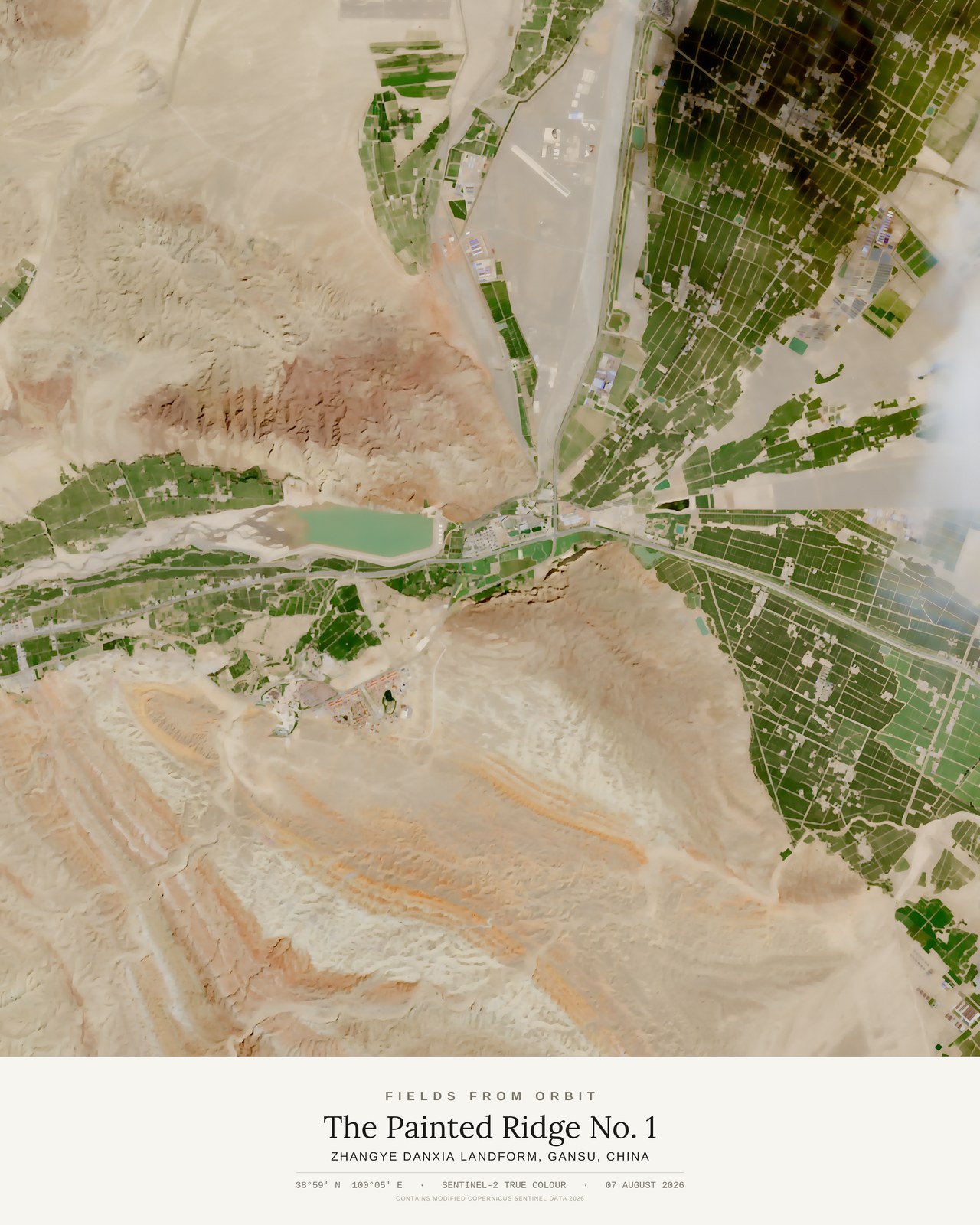 The Painted Ridge No. 1 — satellite art poster of Zhangye Danxia Landform, Gansu, China, shown with its museum label