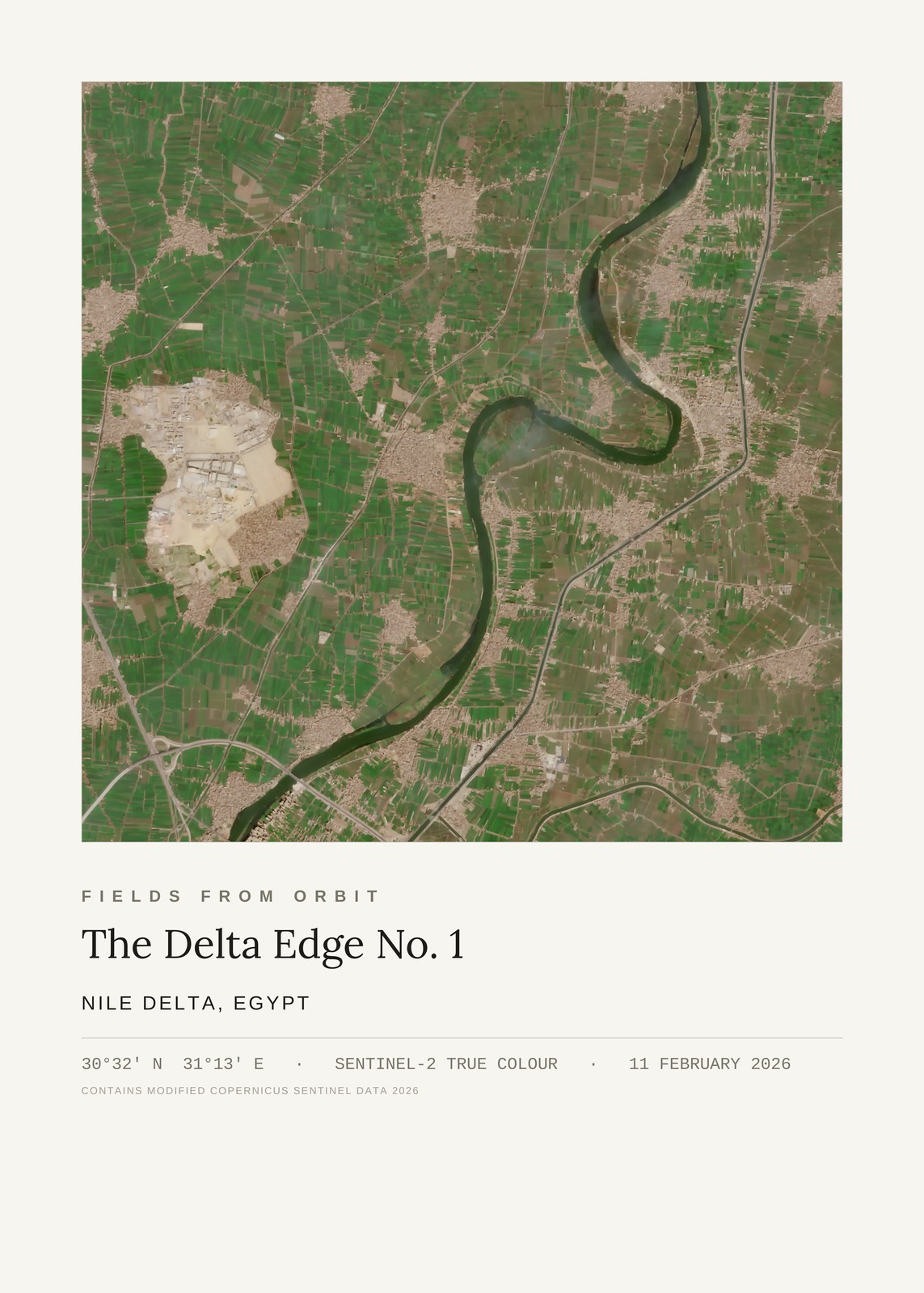 The Delta Edge No. 1 — satellite art print of Nile Delta, Egypt, captured 2026-02-11