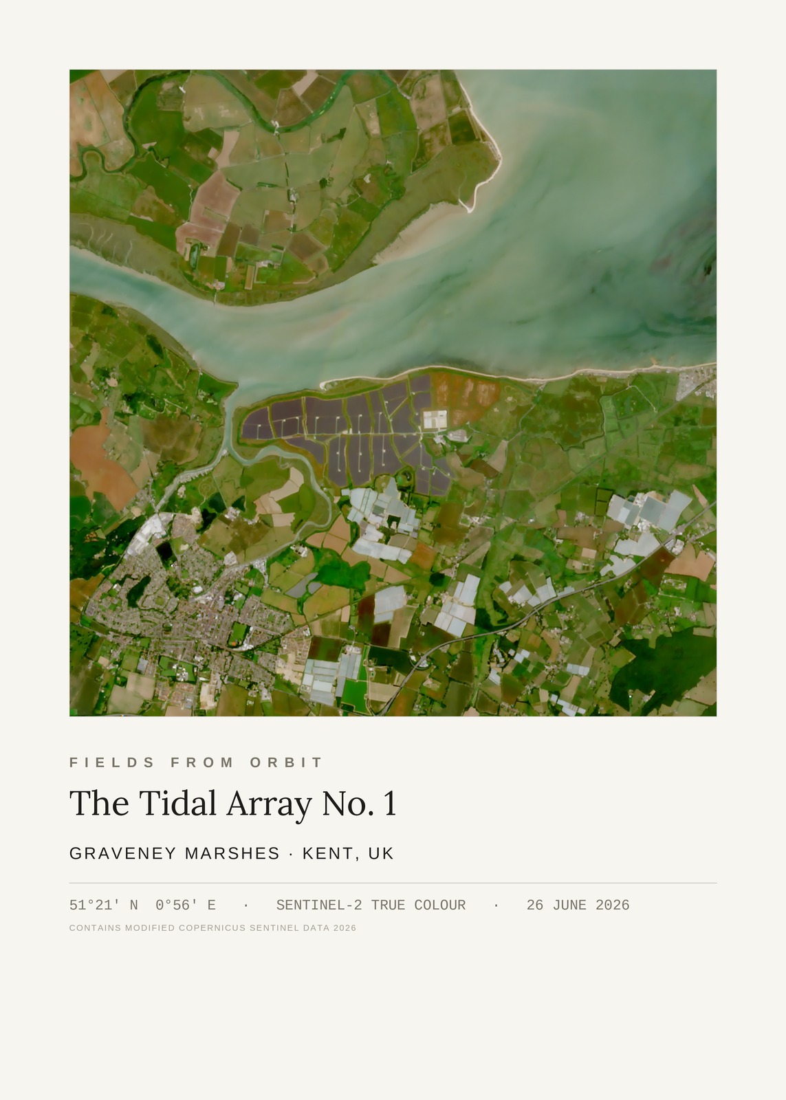 The Tidal Array No. 1 — satellite art print of Graveney Marshes, Kent, UK, captured 2026-06-26