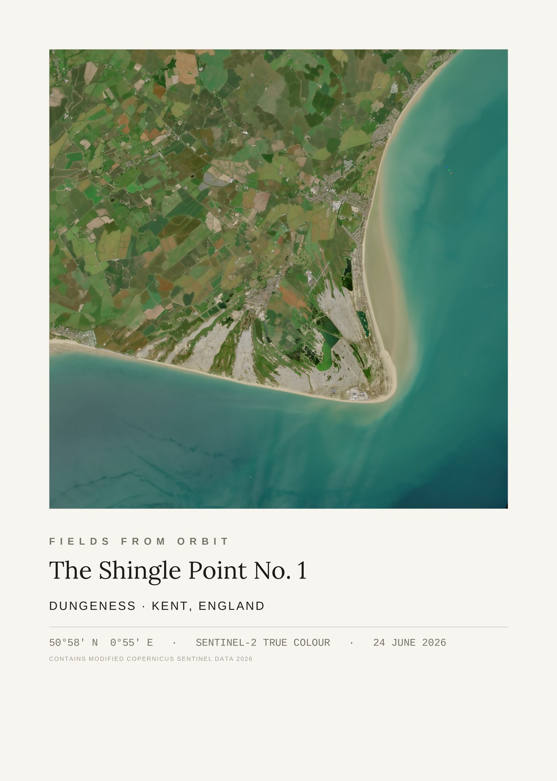The Shingle Point No. 1 — satellite art print of Dungeness, Kent, England, captured 2026-06-24