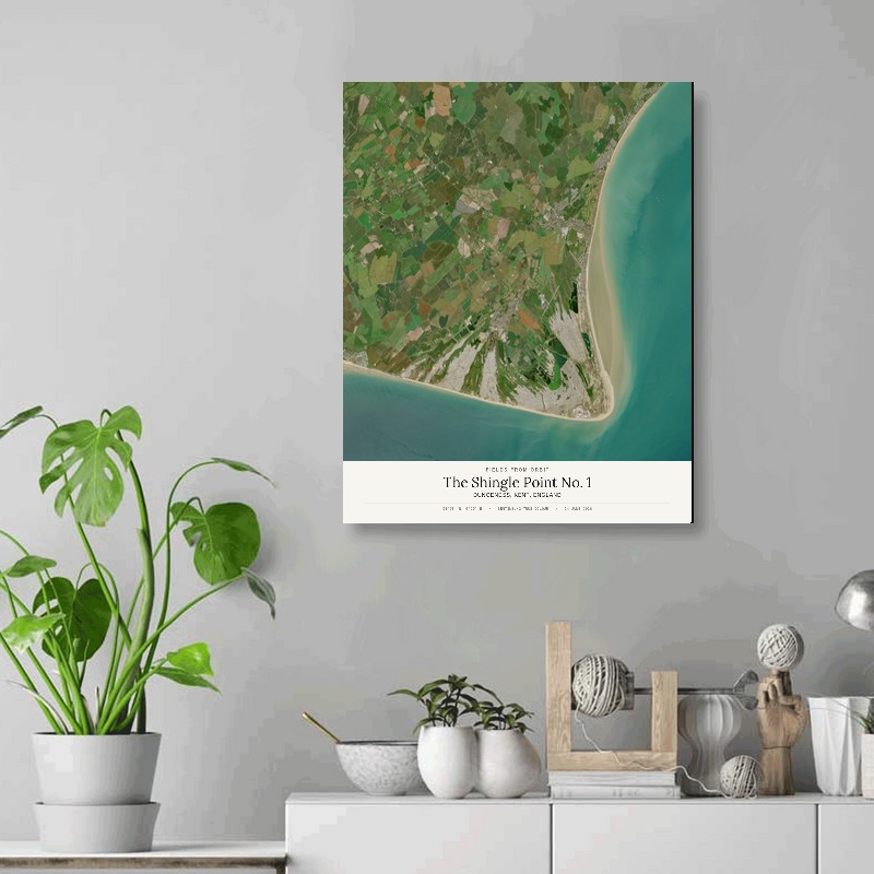 The Shingle Point No. 1 — 16x20 gallery-wrapped canvas print of Dungeness, Kent, England shown hanging on a wall