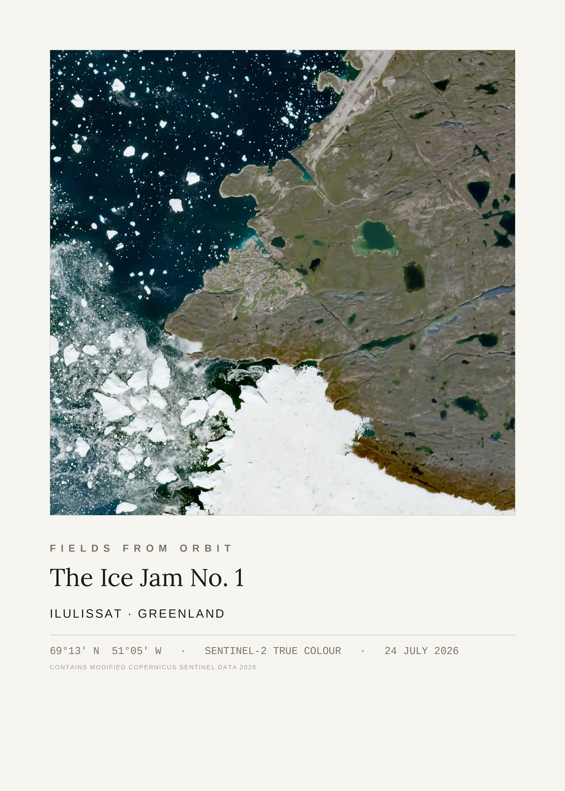 The Ice Jam No. 1 — satellite art print of Ilulissat / Disko Bay, Greenland, captured 2026-07-24