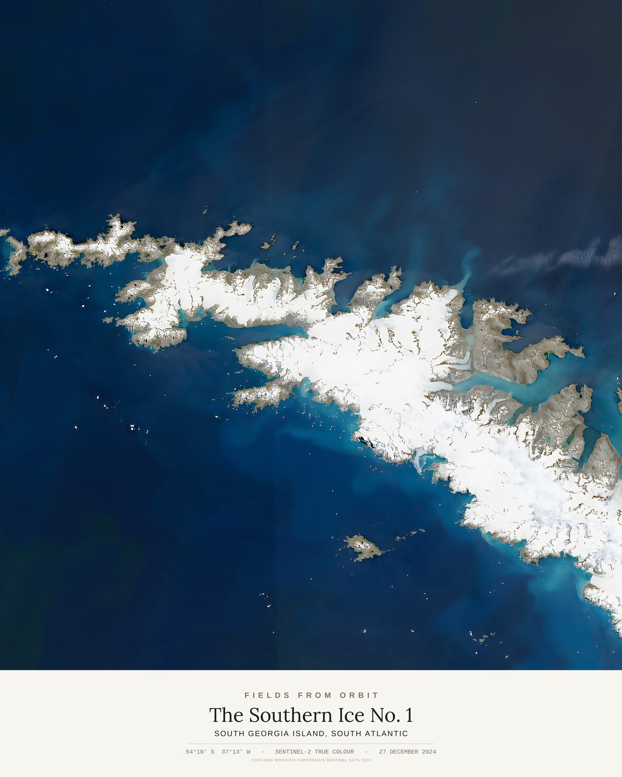 The Southern Ice No. 1 — satellite art poster of South Georgia Island, South Atlantic, shown with its museum label