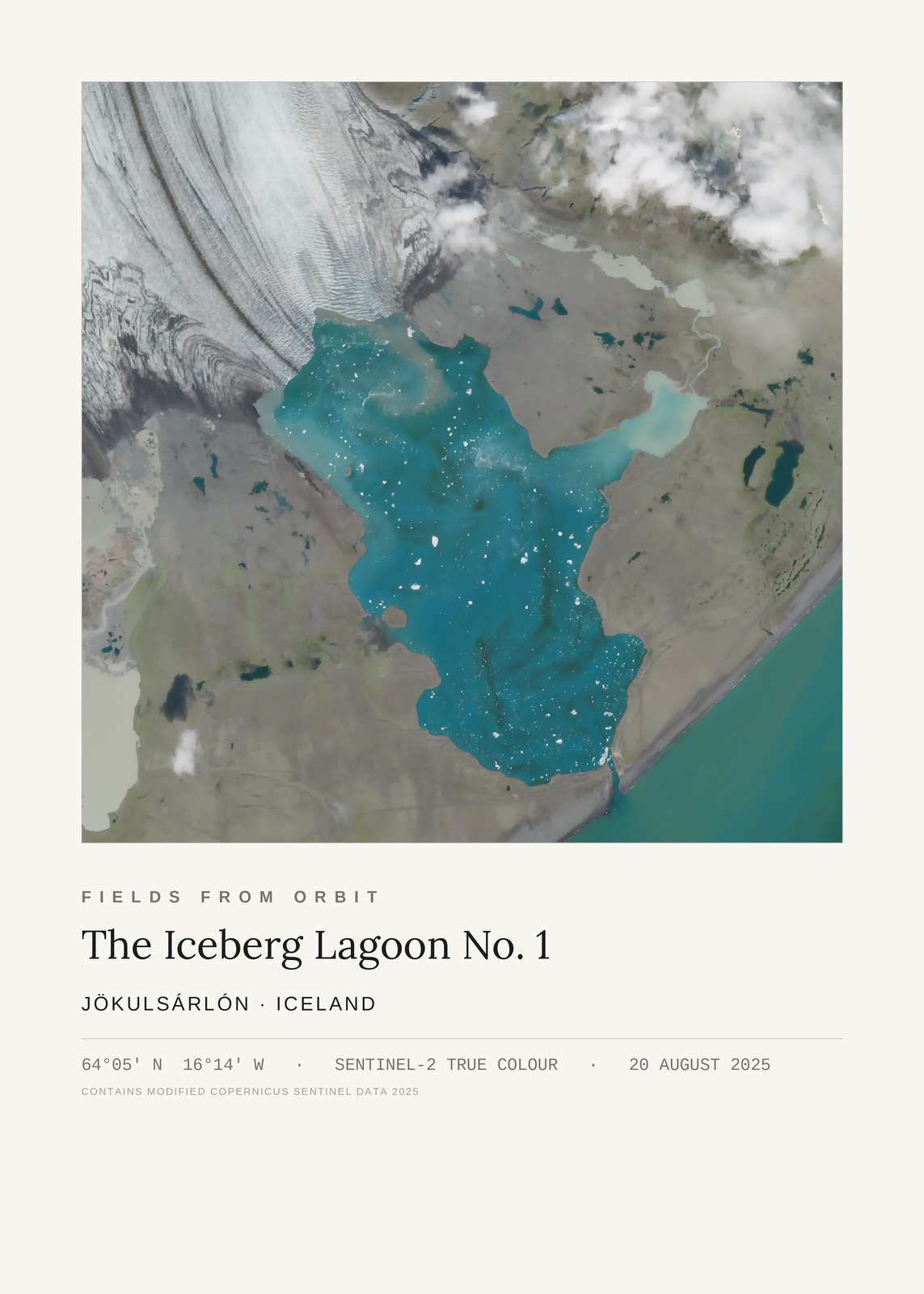 The Iceberg Lagoon No. 1 — satellite art poster of Jökulsárlón, Iceland, shown with its museum label