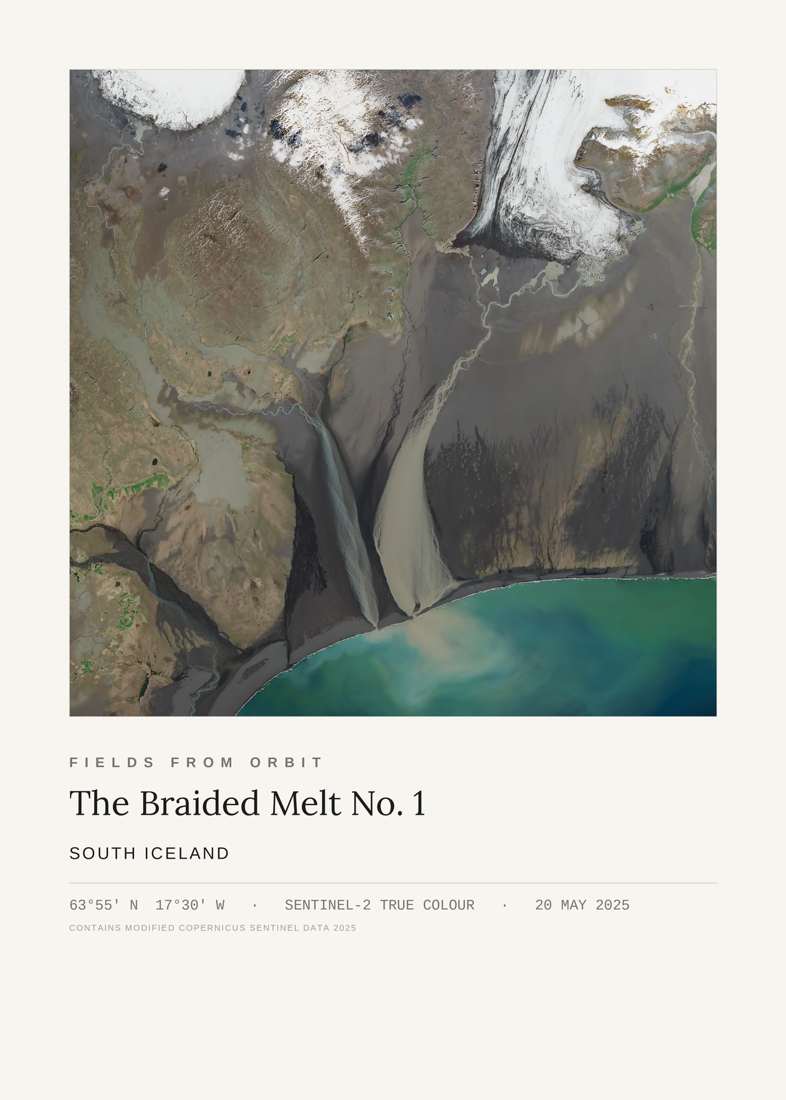 The Braided Melt No. 1 — satellite art print of South Iceland, captured 2025-05-20
