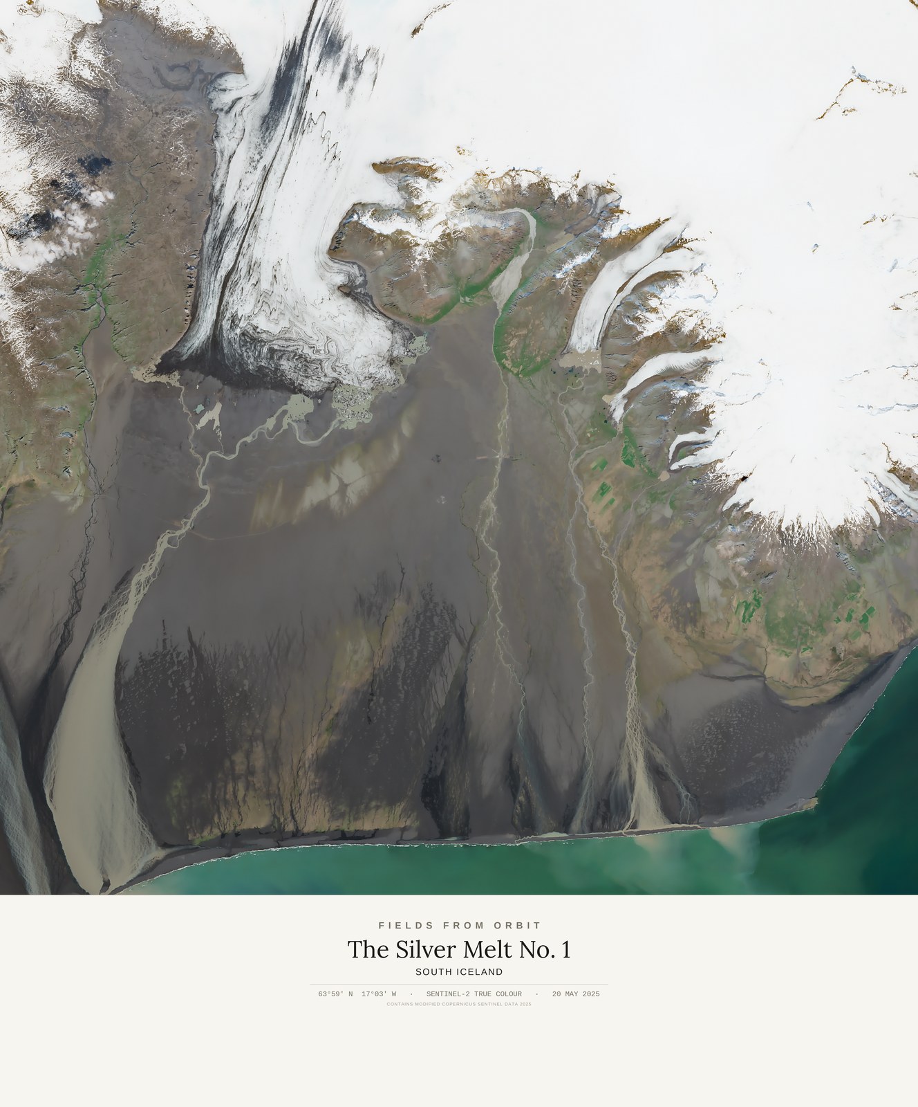 The Silver Melt No. 1 — satellite art print of South Iceland, captured 2025-05-20