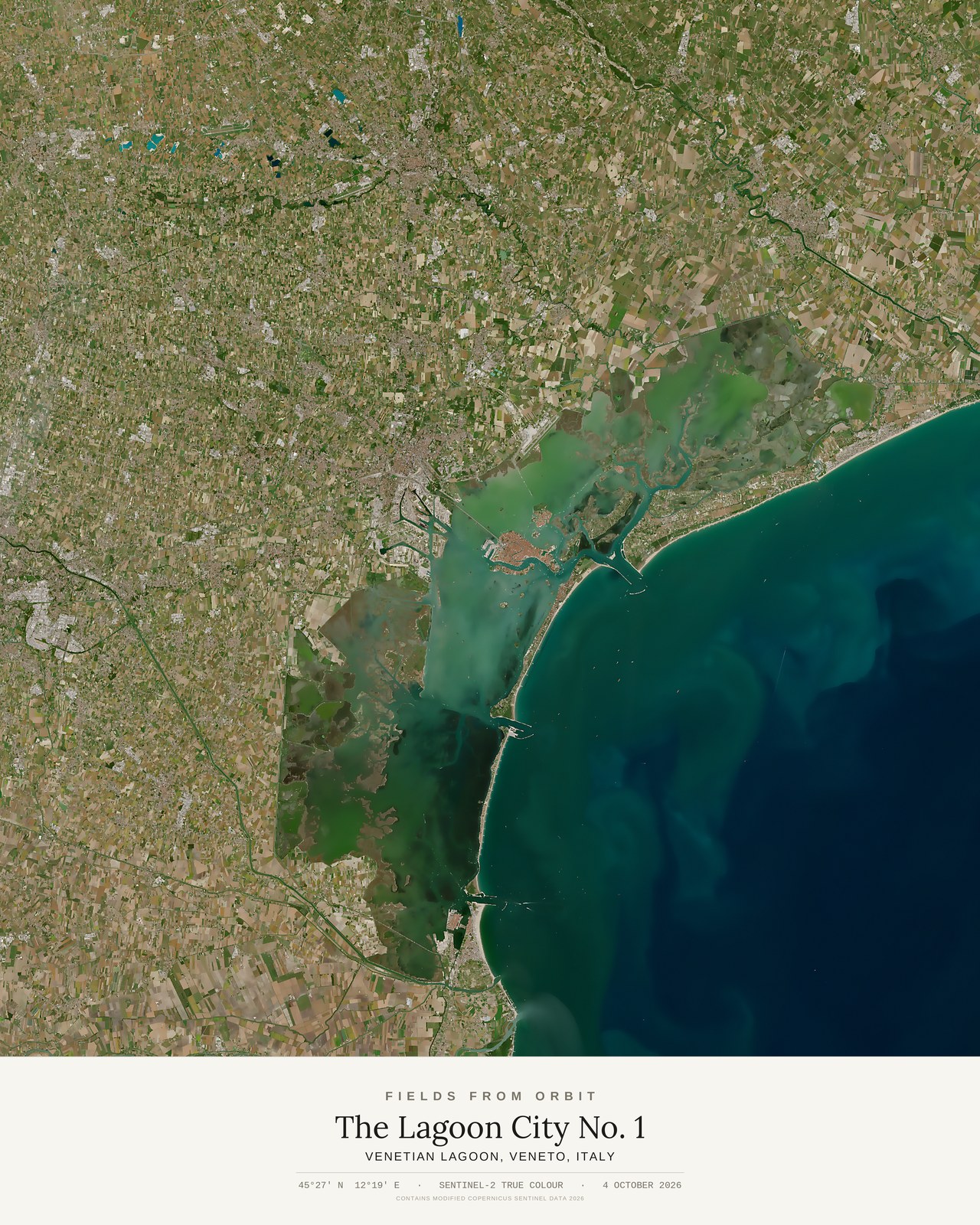 The Lagoon City No. 1 — satellite art print of Venetian Lagoon, Veneto, Italy, captured 2026-10-04