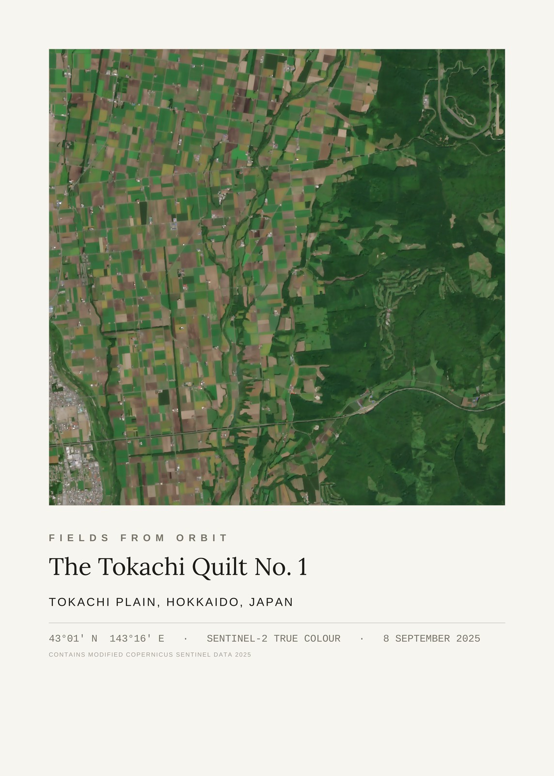 The Tokachi Quilt No. 1 — satellite art print of Tokachi Plain, Hokkaido, Japan, captured 2025-09-08