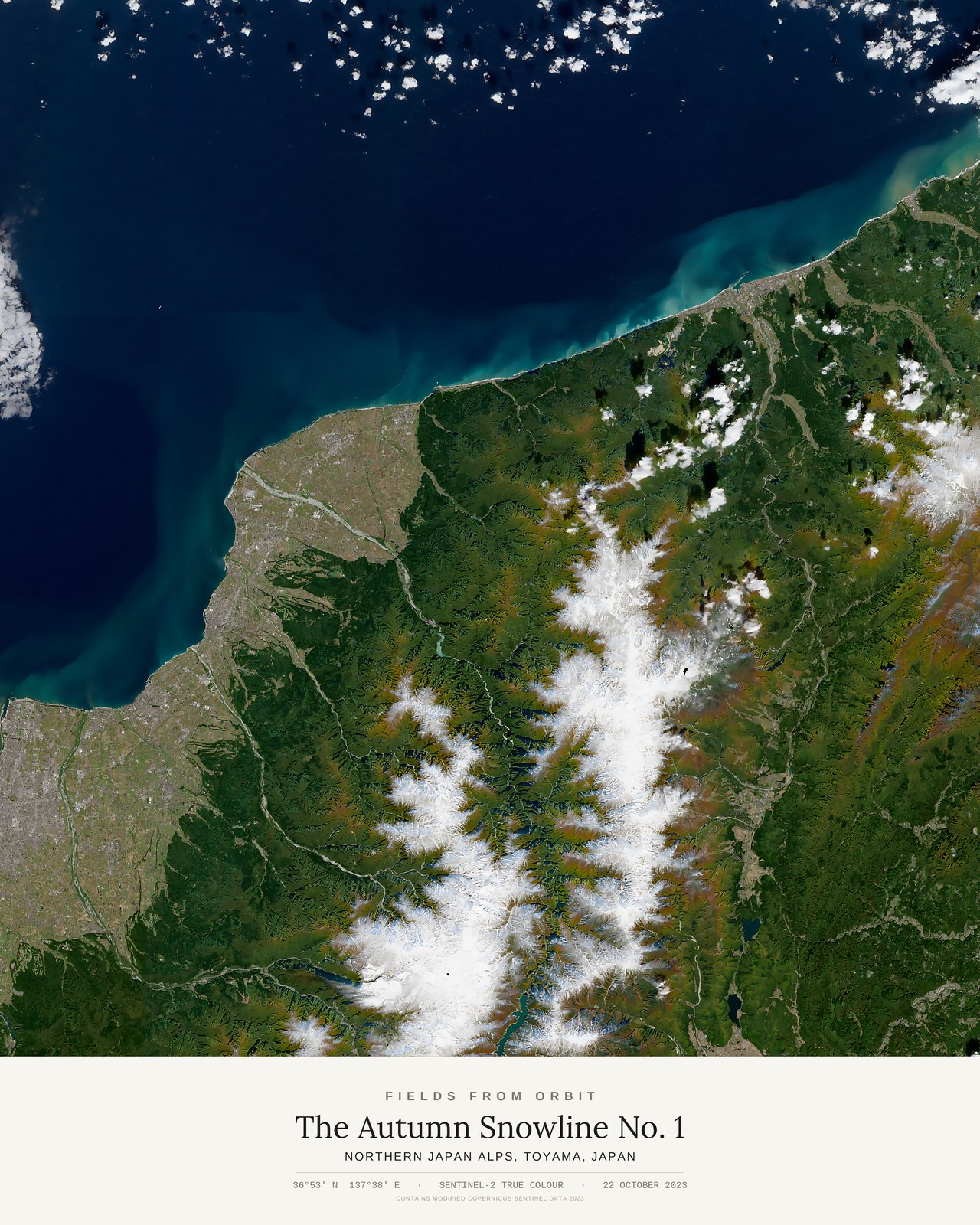 The Autumn Snowline No. 1 — satellite art print of Northern Japan Alps, Toyama, Japan, captured 2023-10-22