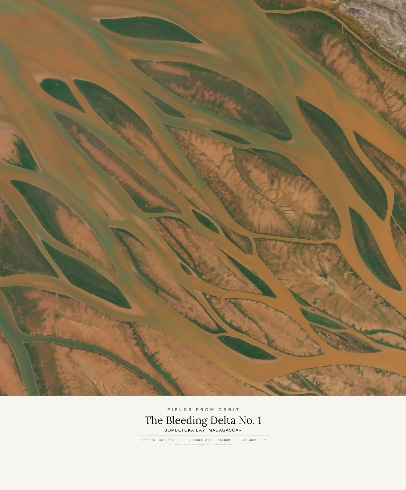 The Bleeding Delta No. 1 — satellite art print of Bombetoka Bay · Madagascar, captured 2026-07-31
