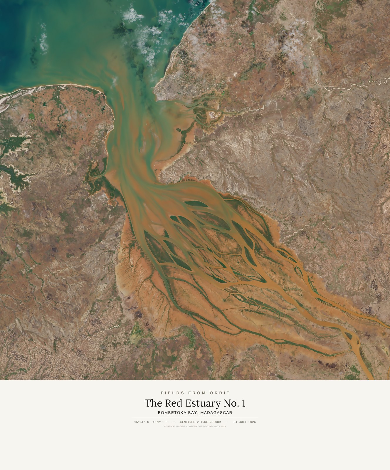 The Red Estuary No. 1 — satellite art print of Bombetoka Bay · Madagascar, captured 2026-07-31