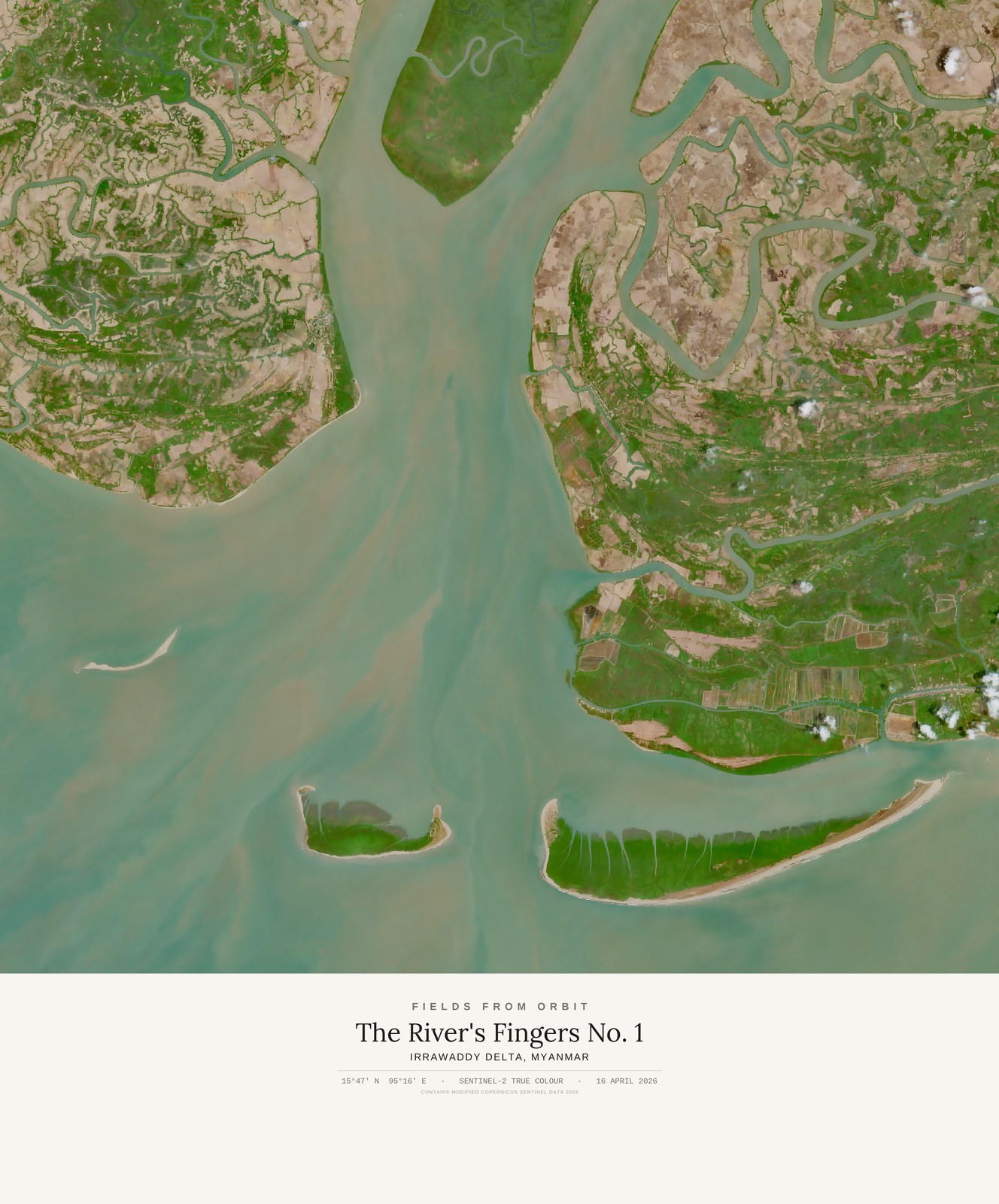 The River's Fingers No. 1 — satellite art print of Irrawaddy Delta · Myanmar, captured 2026-04-16