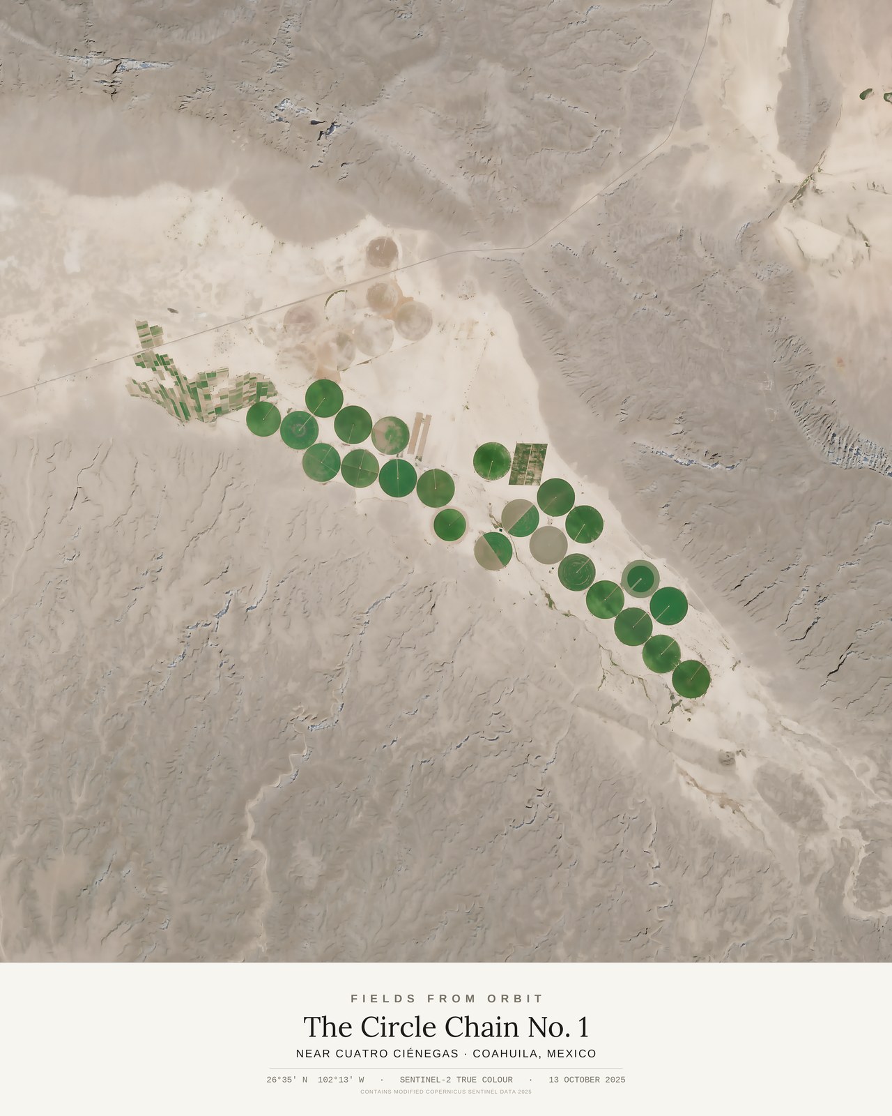 The Circle Chain No. 1 — satellite art poster of near Cuatro Ciénegas, Coahuila, Mexico, shown with its museum label