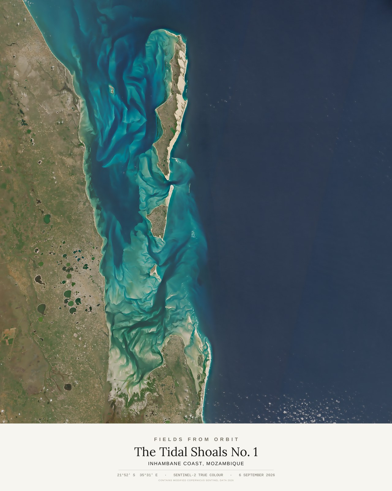 The Tidal Shoals No. 1 — satellite art poster of Inhambane Coast, Mozambique, shown with its museum label