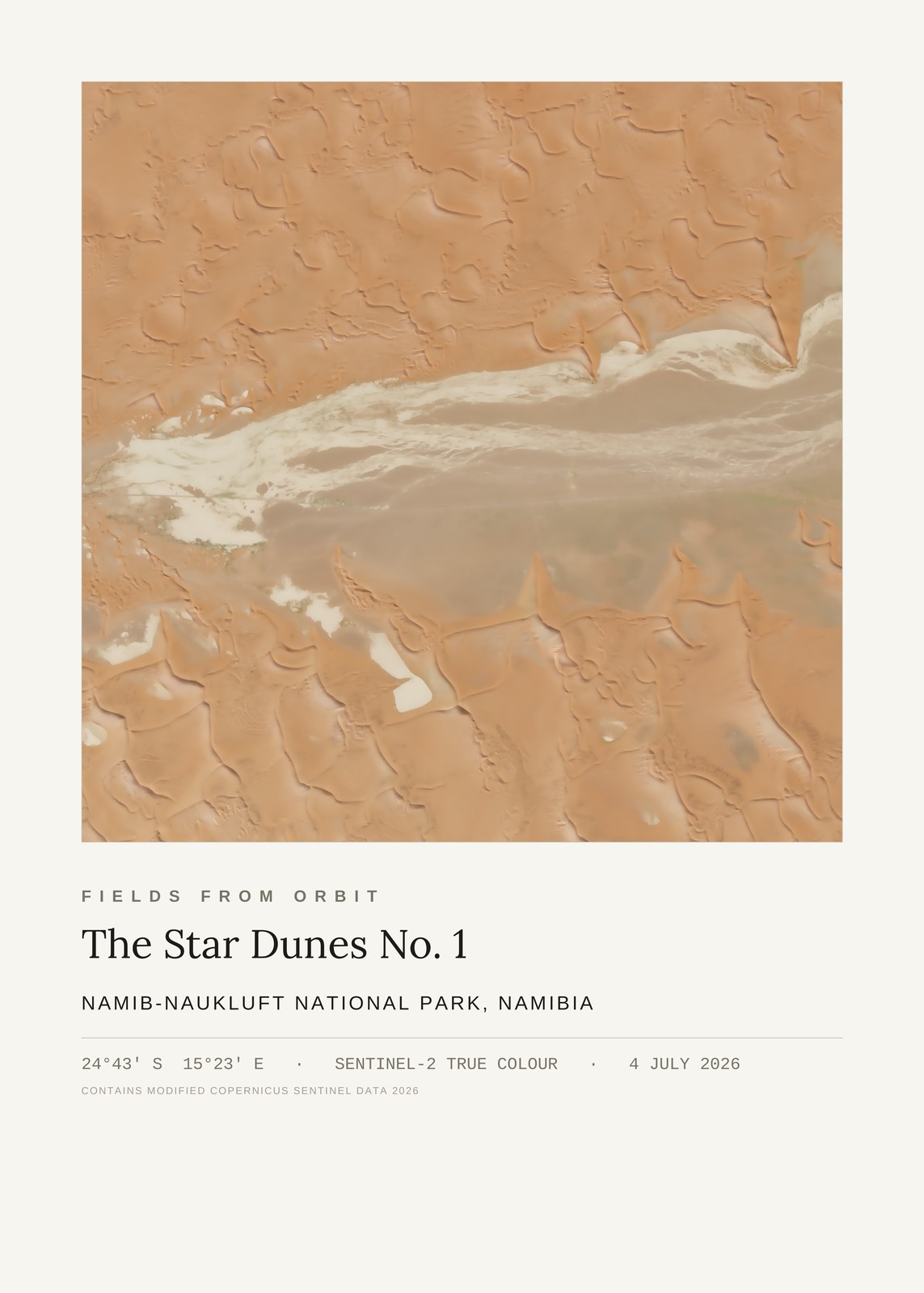 The Star Dunes No. 1 — satellite art poster of Namib-Naukluft National Park, Namibia, shown with its museum label