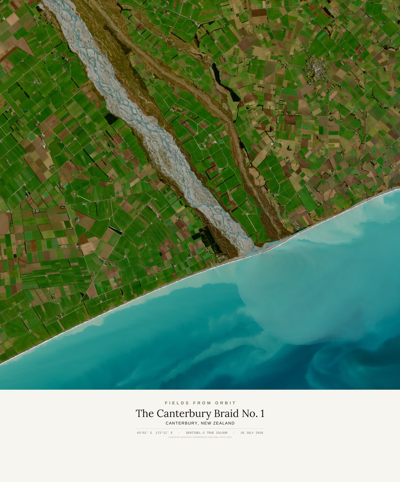 The Canterbury Braid No. 1 — satellite art print of Canterbury, New Zealand, shown with its museum label