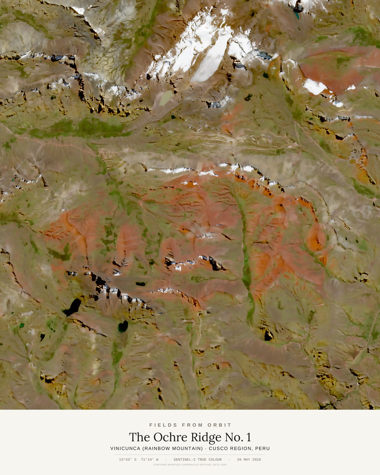 The Ochre Ridge No. 1 — satellite art poster of Vinicunca (Rainbow Mountain), Cusco region, Peru, shown with its museum label