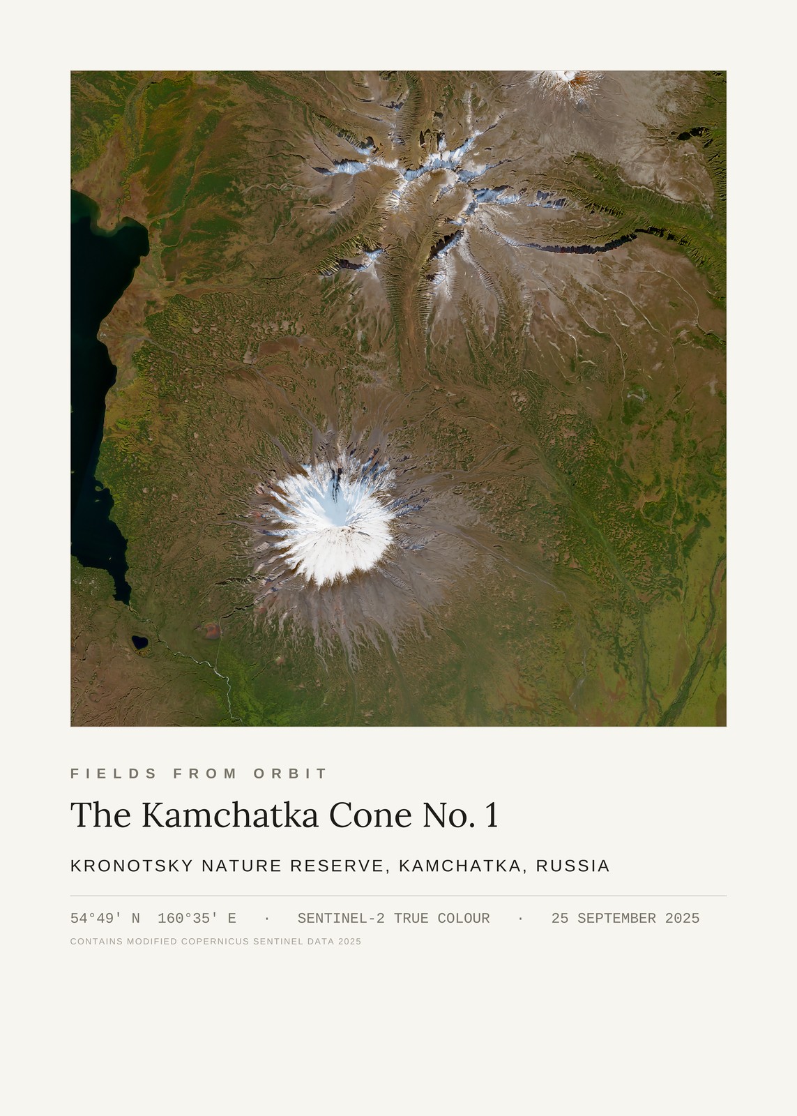 The Kamchatka Cone No. 1 — satellite art print of Kronotsky Nature Reserve, Kamchatka, Russia, captured 2025-09-25