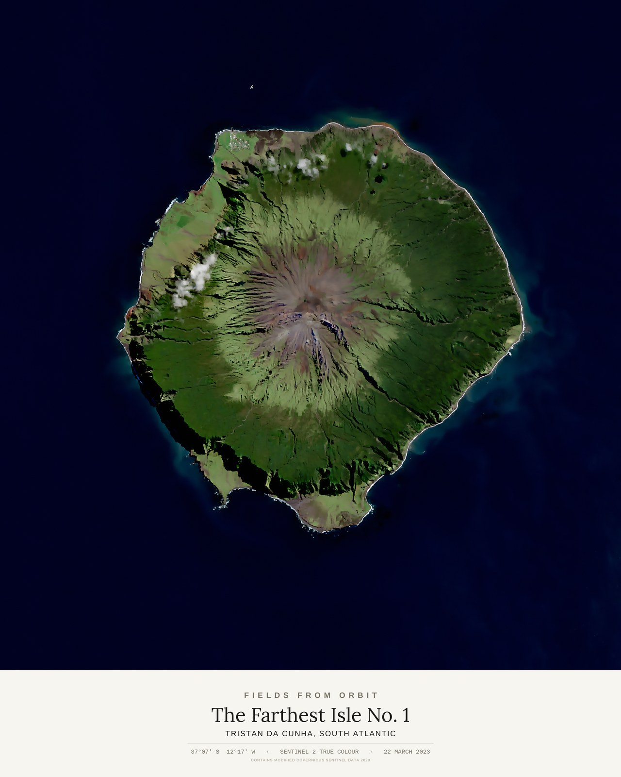 The Farthest Isle No. 1 — satellite art poster of Tristan da Cunha, South Atlantic, shown with its museum label