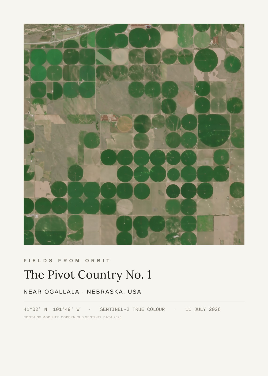 The Pivot Country No. 1 — satellite art poster of Near Ogallala, Nebraska, USA, shown with its museum label
