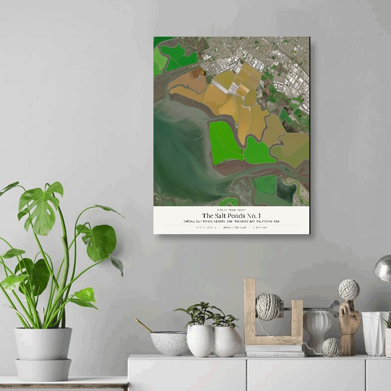 The Salt Ponds No. 1 — 16x20 gallery-wrapped canvas print of Cargill salt ponds, Newark, San Francisco Bay, California, USA shown hanging on a wall