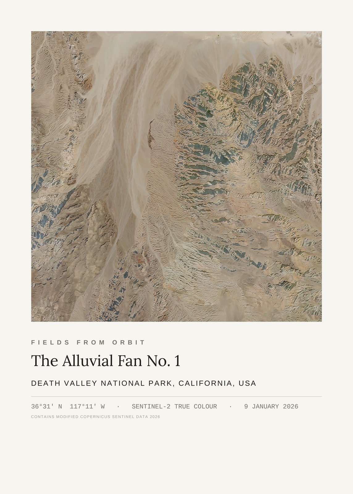 The Alluvial Fan No. 1 — satellite art print of Death Valley National Park, California, USA, captured 2026-01-09
