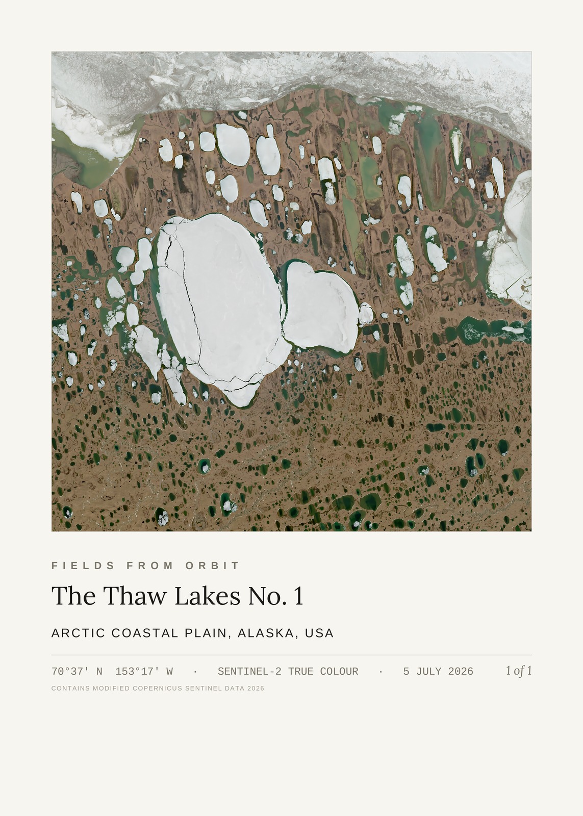 The Thaw Lakes No. 1 — satellite art print of Arctic Coastal Plain, Alaska, USA, captured 2026-07-05