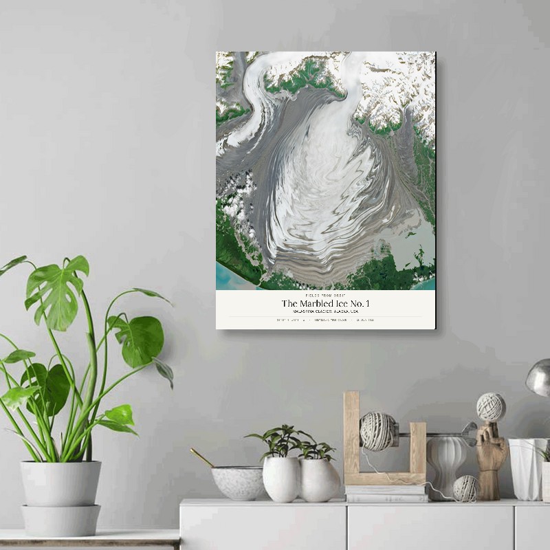 The Marbled Ice No. 1 — 16x20 gallery-wrapped canvas print of Malaspina Glacier, Alaska, USA shown hanging on a wall