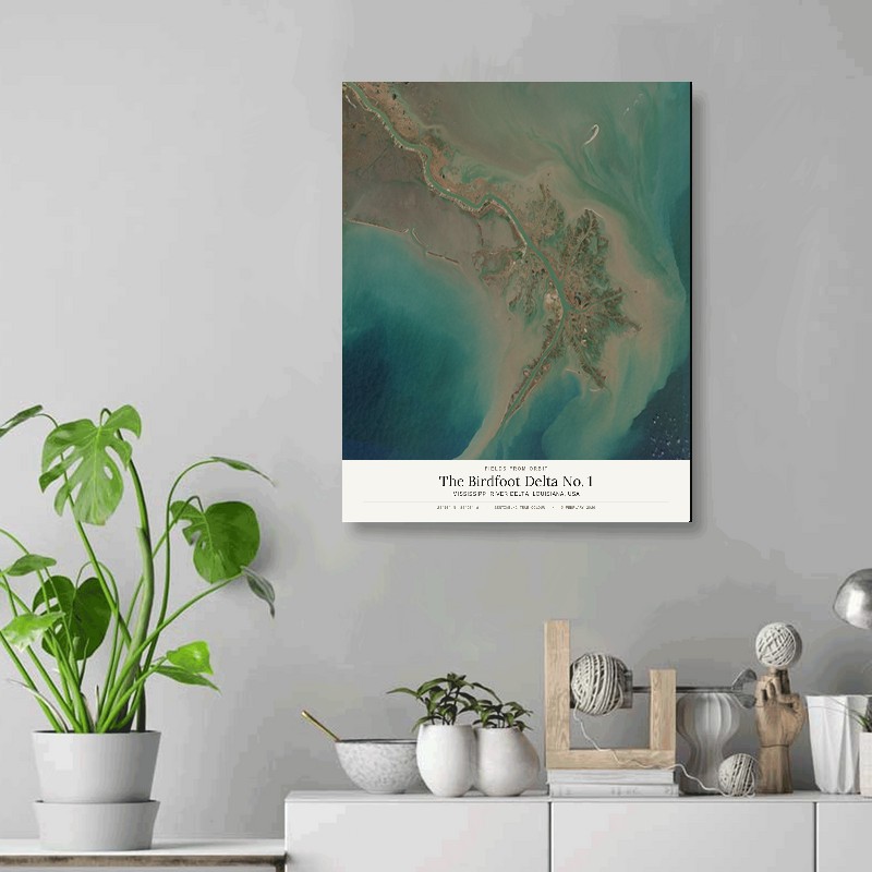 The Birdfoot Delta No. 1 — 16x20 gallery-wrapped canvas print of Mississippi River Delta, Louisiana, USA shown hanging on a wall