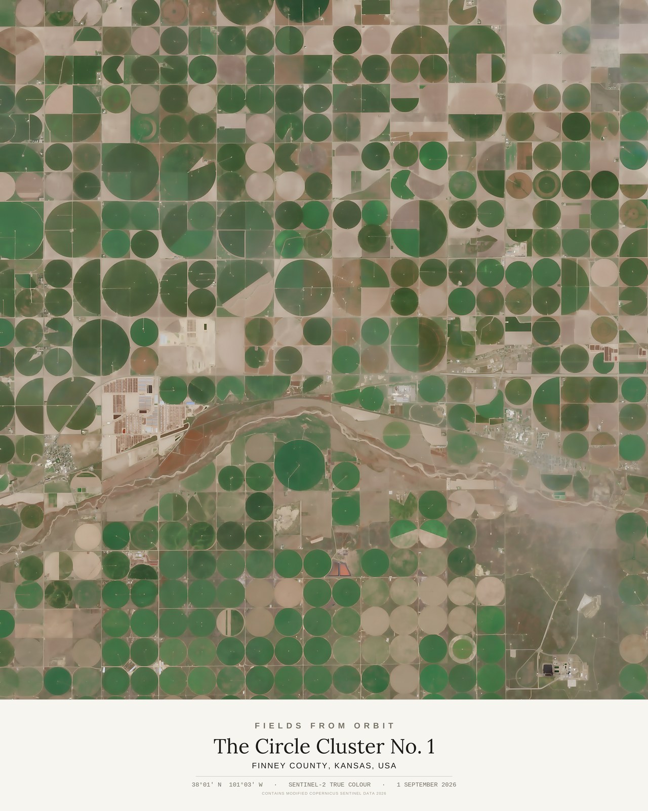 The Circle Cluster No. 1 — satellite art print of Finney County, Kansas, USA, captured 2026-09-01