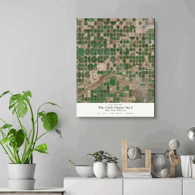 The Circle Cluster No. 1 — 16x20 gallery-wrapped canvas print of Finney County, Kansas, USA shown hanging on a wall