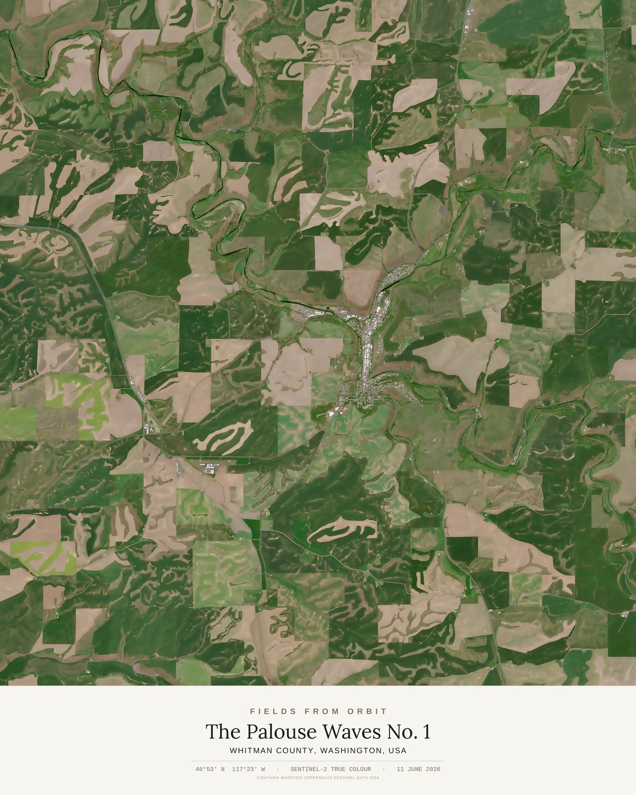 The Palouse Waves No. 1 — satellite art print of Whitman County, Washington, USA, captured 2026-06-11