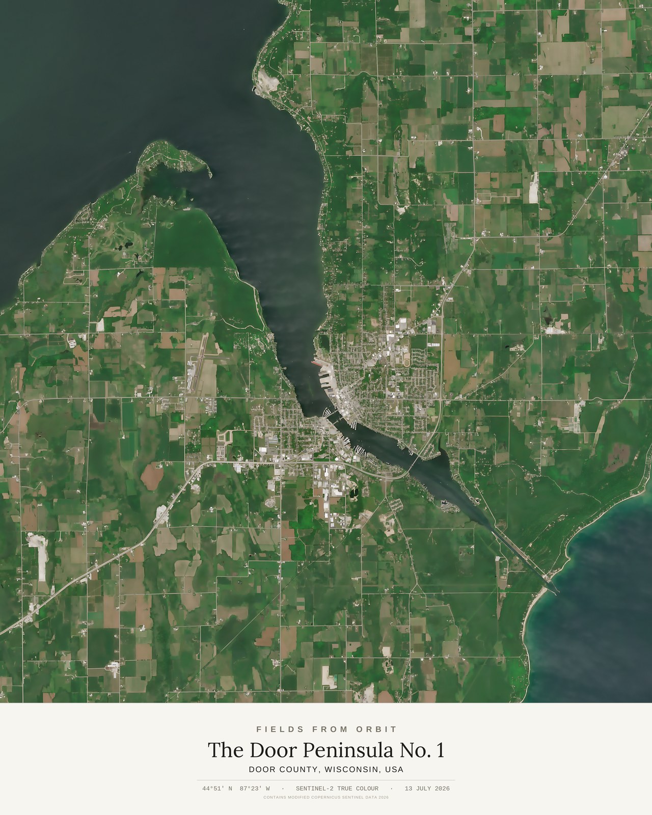 The Door Peninsula No. 1 — satellite art print of Door County, Wisconsin, USA, captured 2026-07-13
