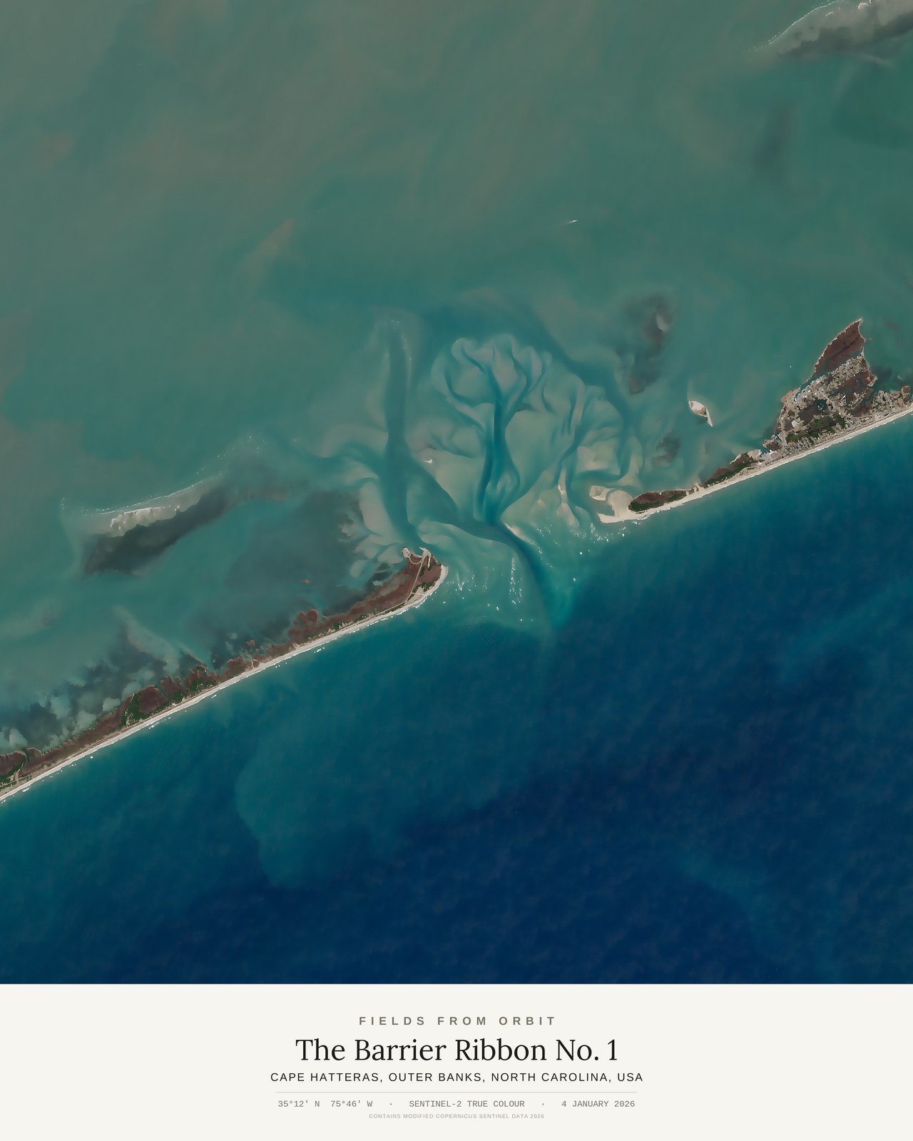 The Barrier Ribbon No. 1 — satellite art print of Cape Hatteras, Outer Banks, North Carolina, USA, captured 2026-01-04