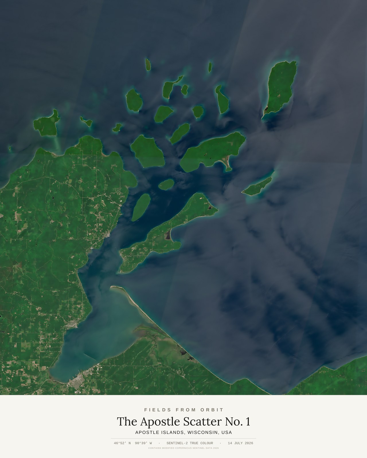 The Apostle Scatter No. 1 — satellite art print of Apostle Islands, Wisconsin, USA, captured 2026-07-14