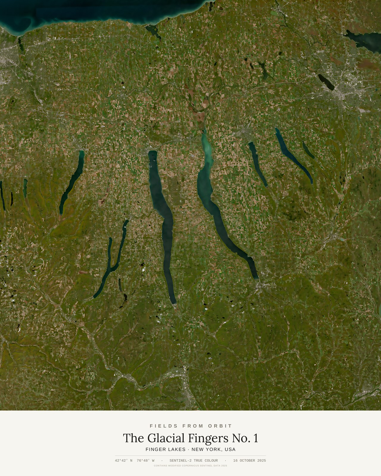 The Glacial Fingers No. 1 — satellite art poster of Finger Lakes region, New York, USA, shown with its museum label