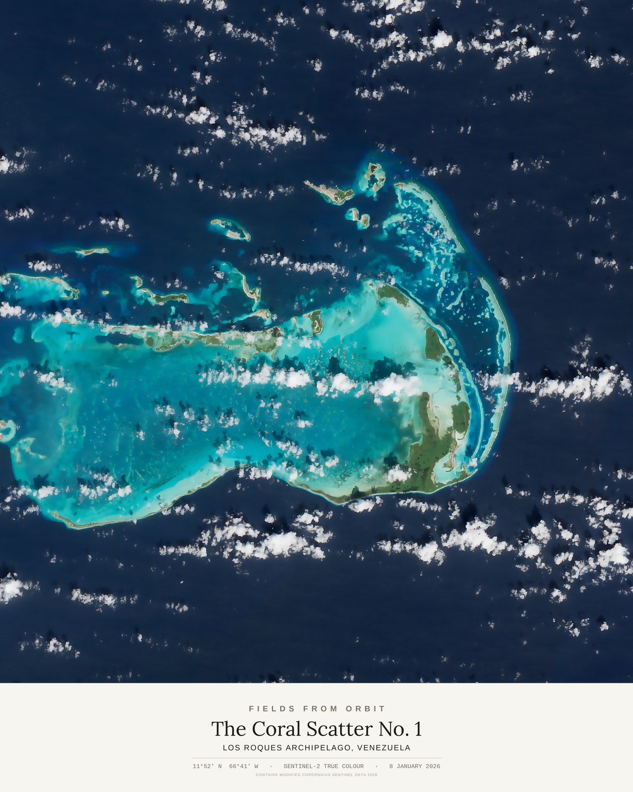 The Coral Scatter No. 1 — satellite art poster of Los Roques Archipelago, Venezuela, shown with its museum label