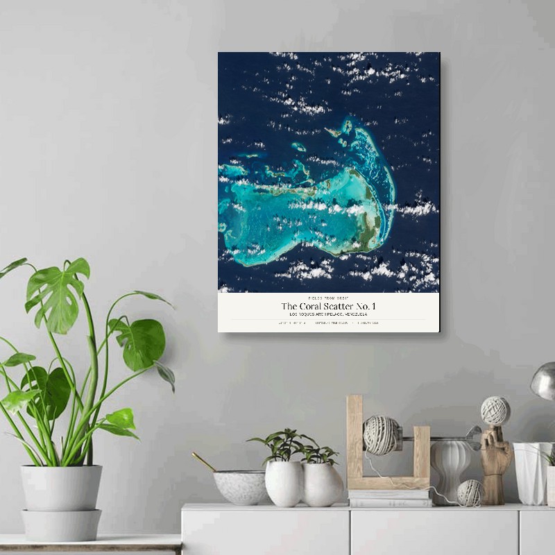 The Coral Scatter No. 1 — 16x20 gallery-wrapped canvas print of Los Roques Archipelago, Venezuela shown hanging on a wall