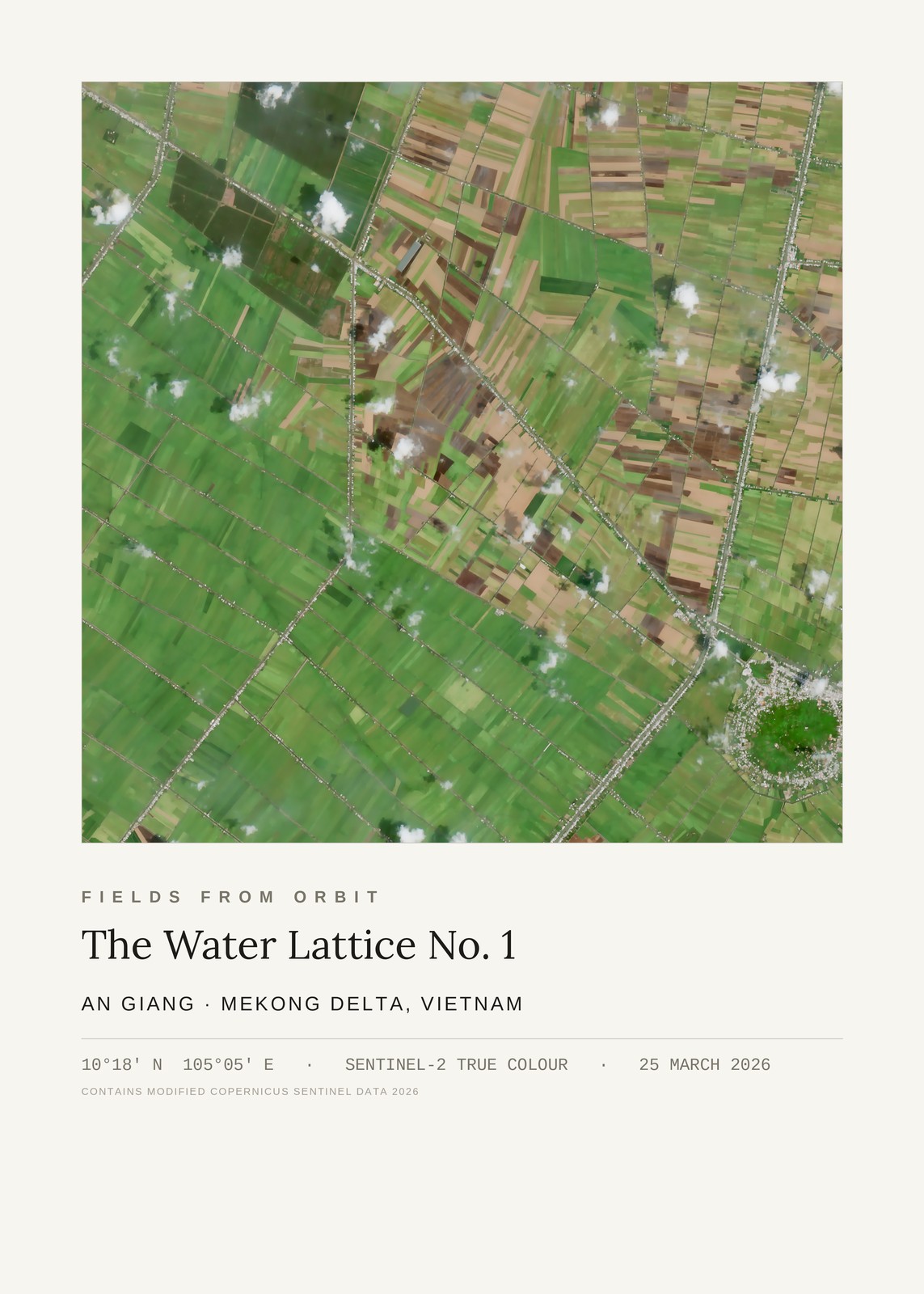 The Water Lattice No. 1 — satellite art print of An Giang, Mekong Delta, Vietnam, captured 2026-03-25