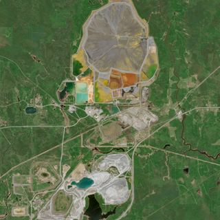 The Painted Pit No. 1 — satellite art print of Timmins gold mining district, Ontario, Canada